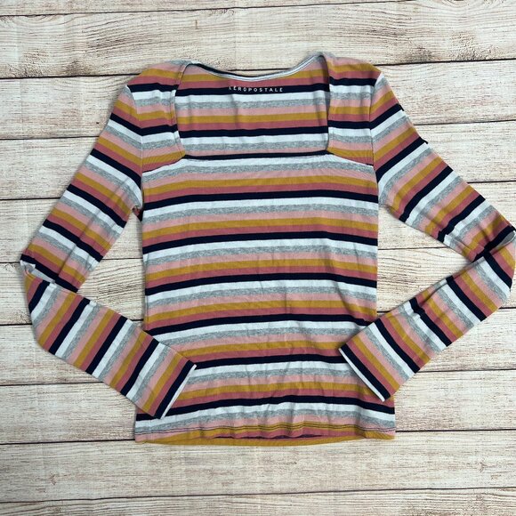 Aeropostale Multi-Color Striped Ribbed Long Sleeve Top Boatneck Large - Picture 1 of 11